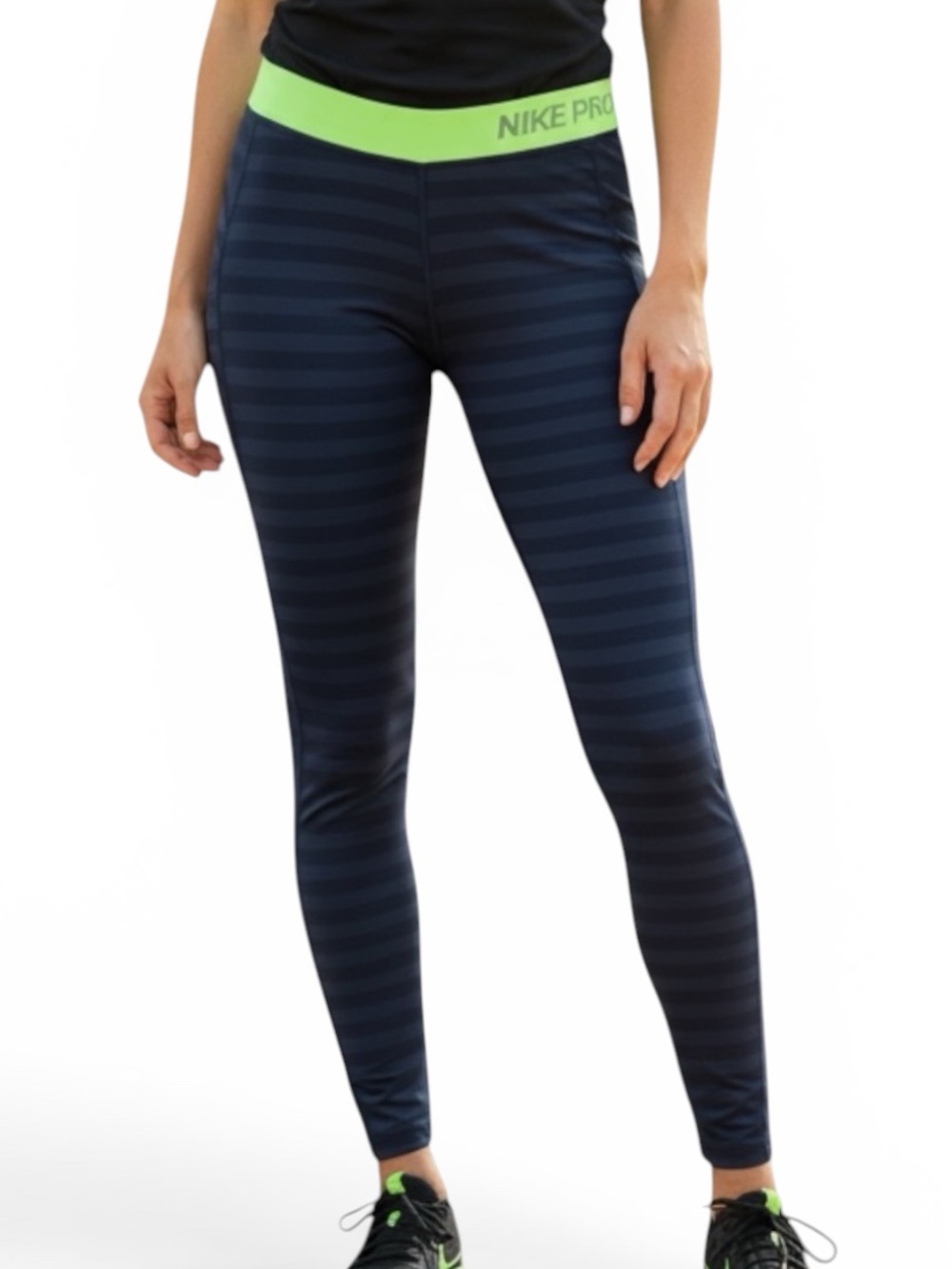 Nike Pro Dri Fit Striped Leggings black/green, women’s size medium.
